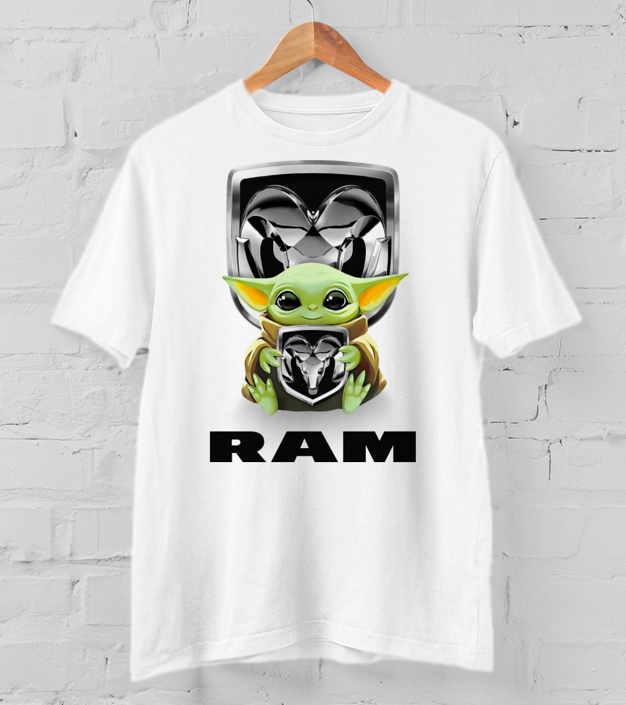 Baby Yoda Holding Ram Logo With Large Ram Text T-Shirt