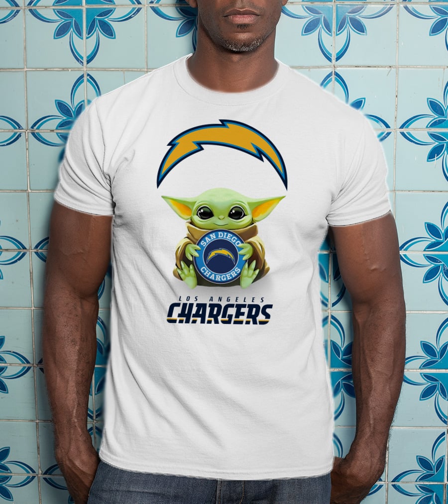 Baby Yoda Hug San Diego Chargers Los Angeles Chargers Logo White T-Shirt