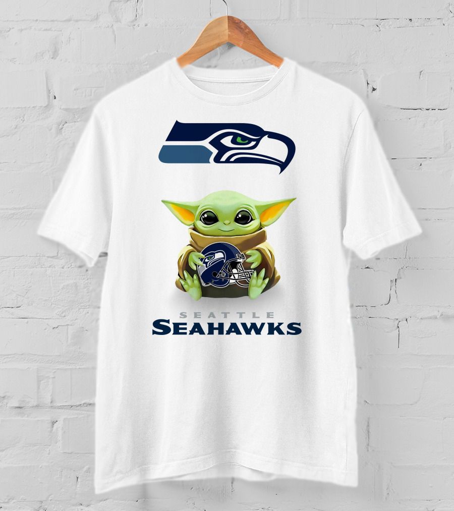 Seattle Seahawks Baby Yoda Hugging Helmet T-Shirt