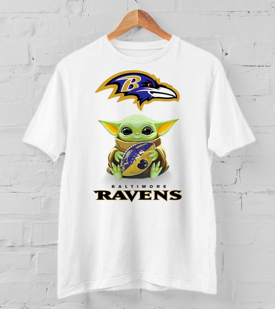 Star Wars Baby Yoda Baltimore Ravens Football Hug Ravens Logo White T-Shirt