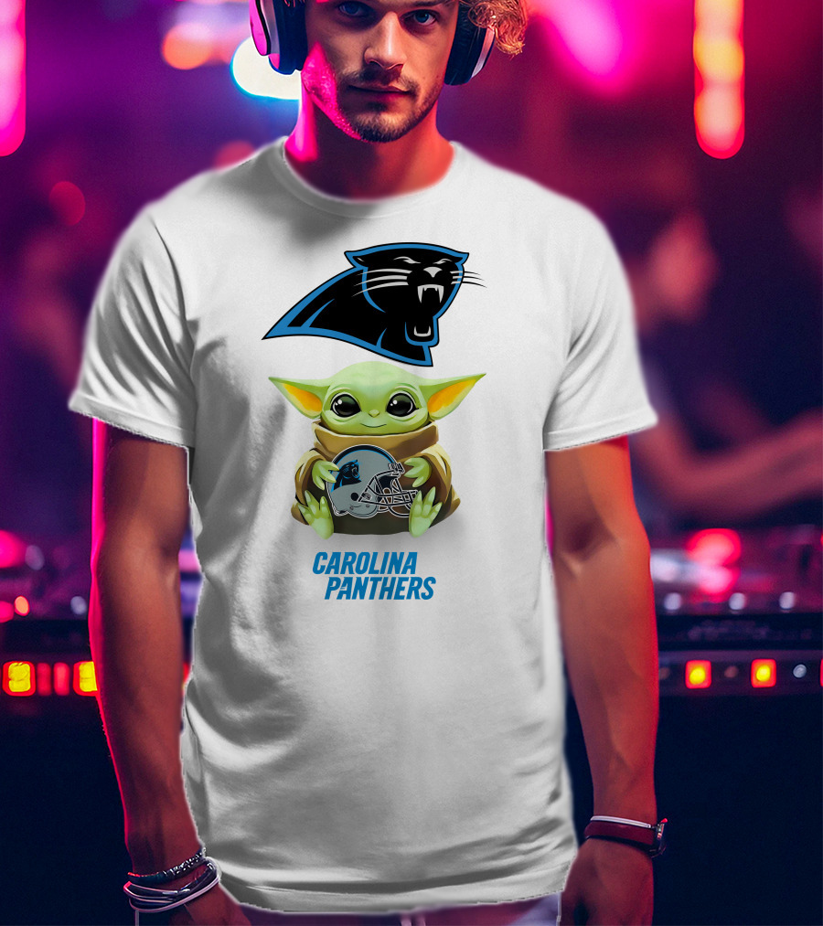 Star Wars Baby Yoda Holding Carolina Panthers Helmet T-Shirt