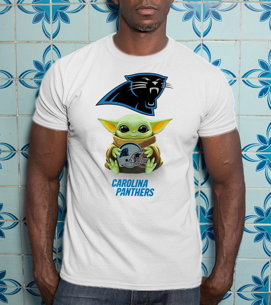 Star Wars Baby Yoda Holding Carolina Panthers Helmet T-Shirt