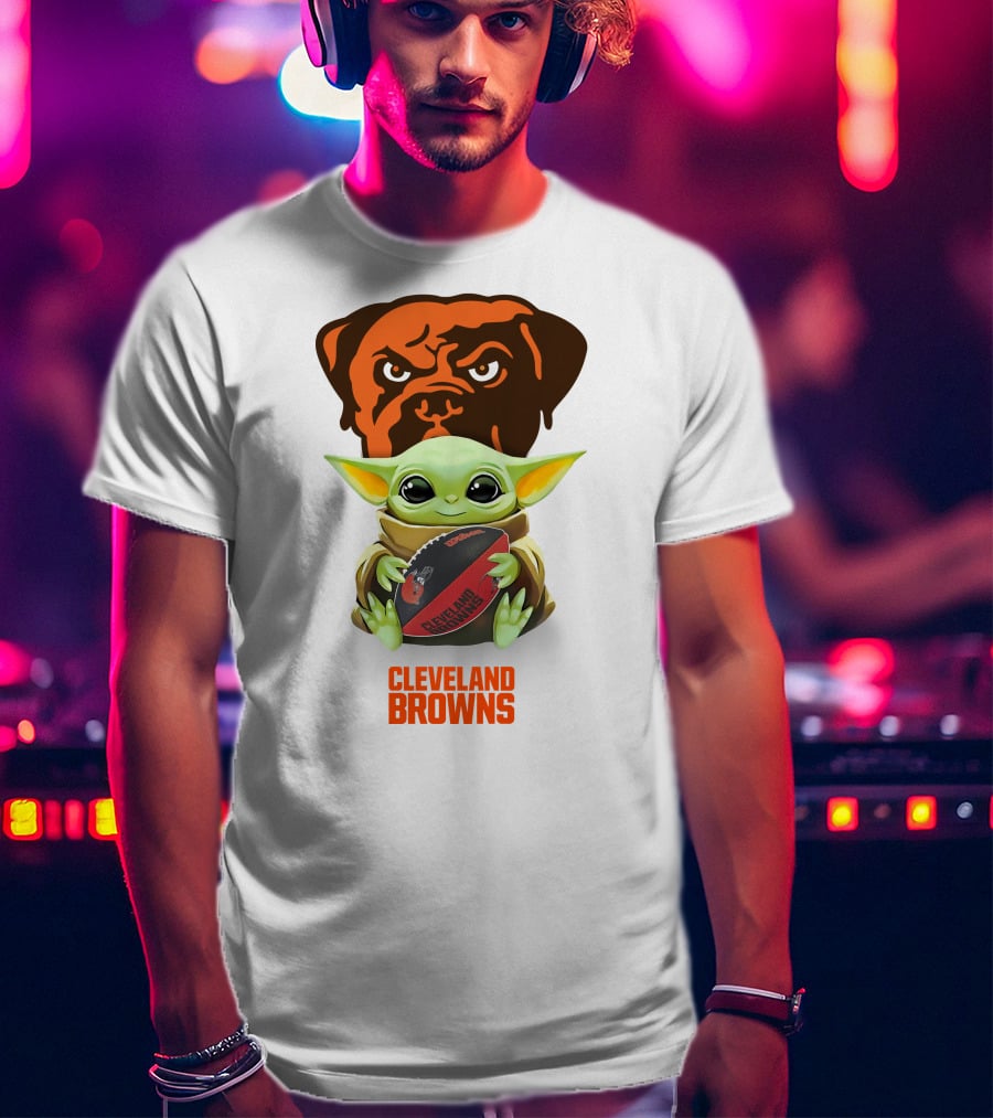 Baby Yoda Holding Cleveland Browns Football With Team Logo Background T-Shirt