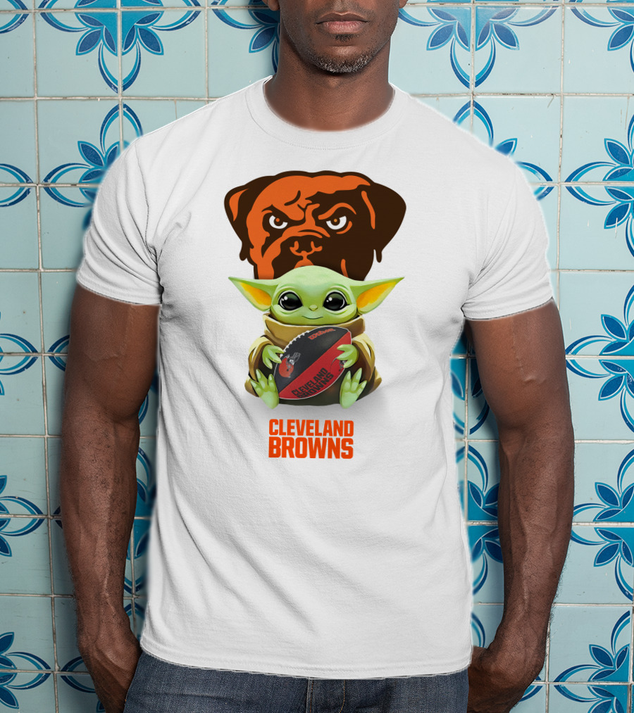 Baby Yoda Holding Cleveland Browns Football With Team Logo Background T-Shirt
