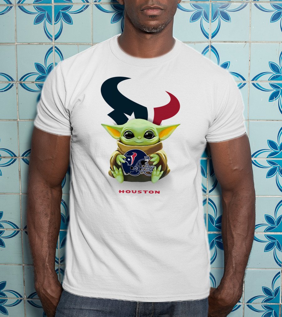 Star Wars Baby Yoda Holding Houston Texans Helmet With Logo On White T-Shirt