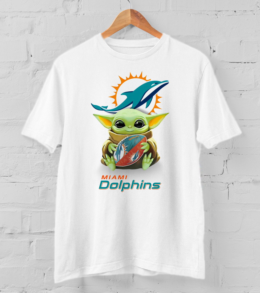 Star Wars Baby Yoda Hug Miami Dolphins Football Tailgate White T-Shirt