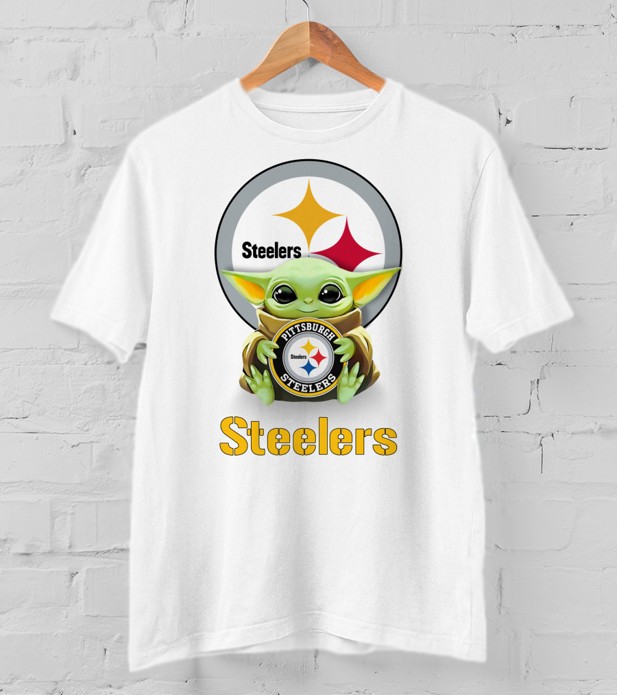 Star Wars Baby Yoda Hugging Pittsburgh Steelers Logo Steelers T-Shirt