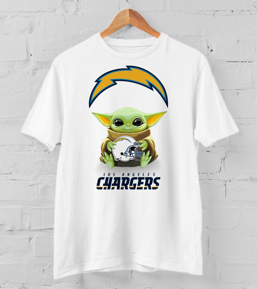 Star Wars Baby Yoda Hug Los Angeles Chargers Helmet White T-Shirt