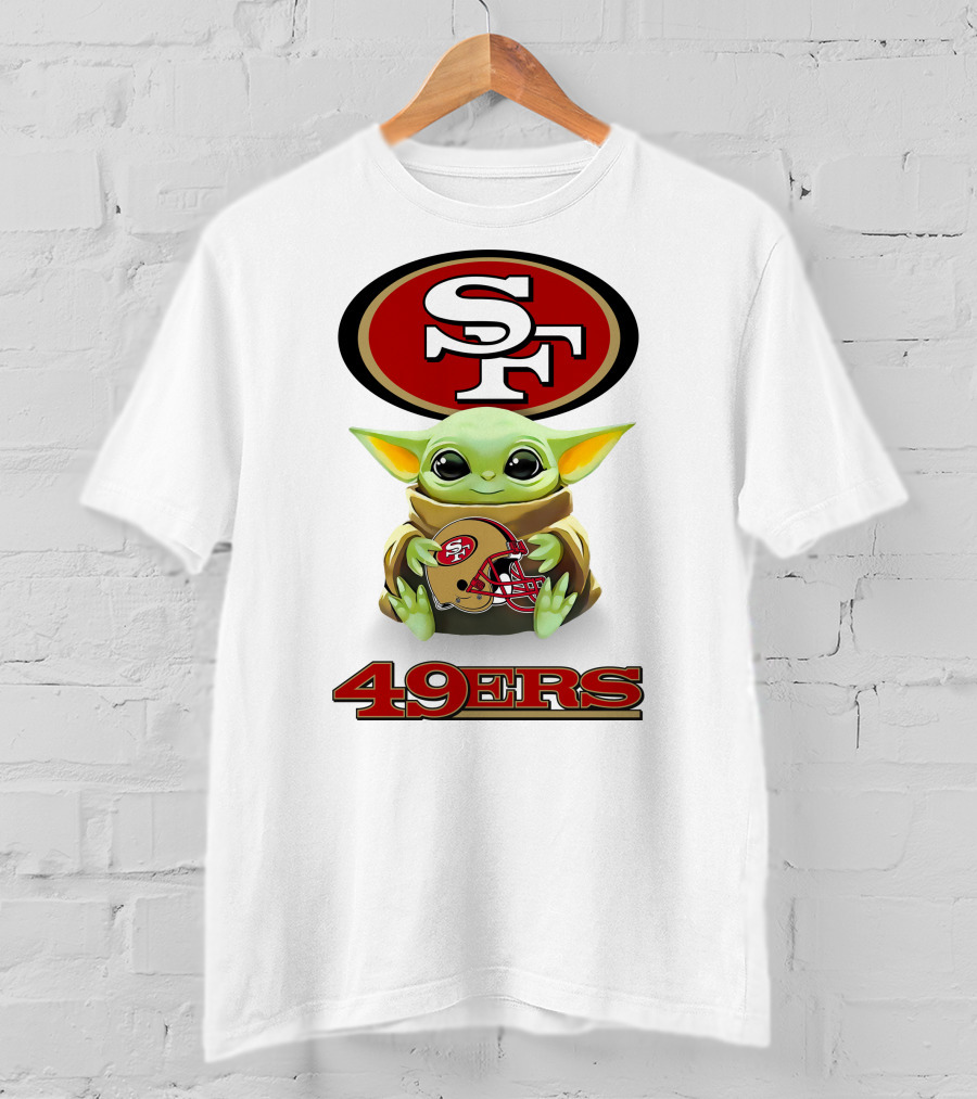 Star Wars Baby Yoda Holding San Francisco 49ers Helmet Logo SF 49ers T-Shirt