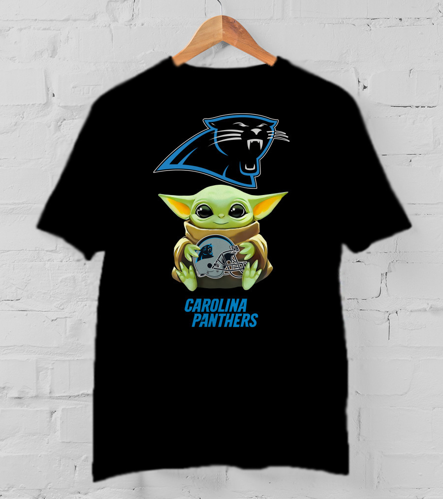 Grogu Holding Carolina Panthers Helmet With Team T-Shirt
