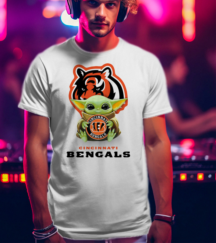 Grogu Holding Cincinnati Bengals Logo With Tiger Background T-Shirt