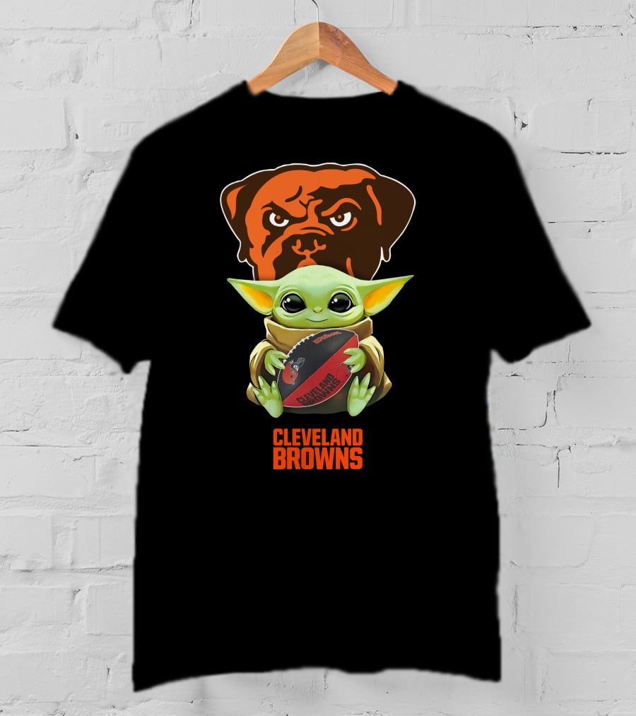 Grogu Hugging Football With Cleveland Browns Logo Tailgate T-Shirt