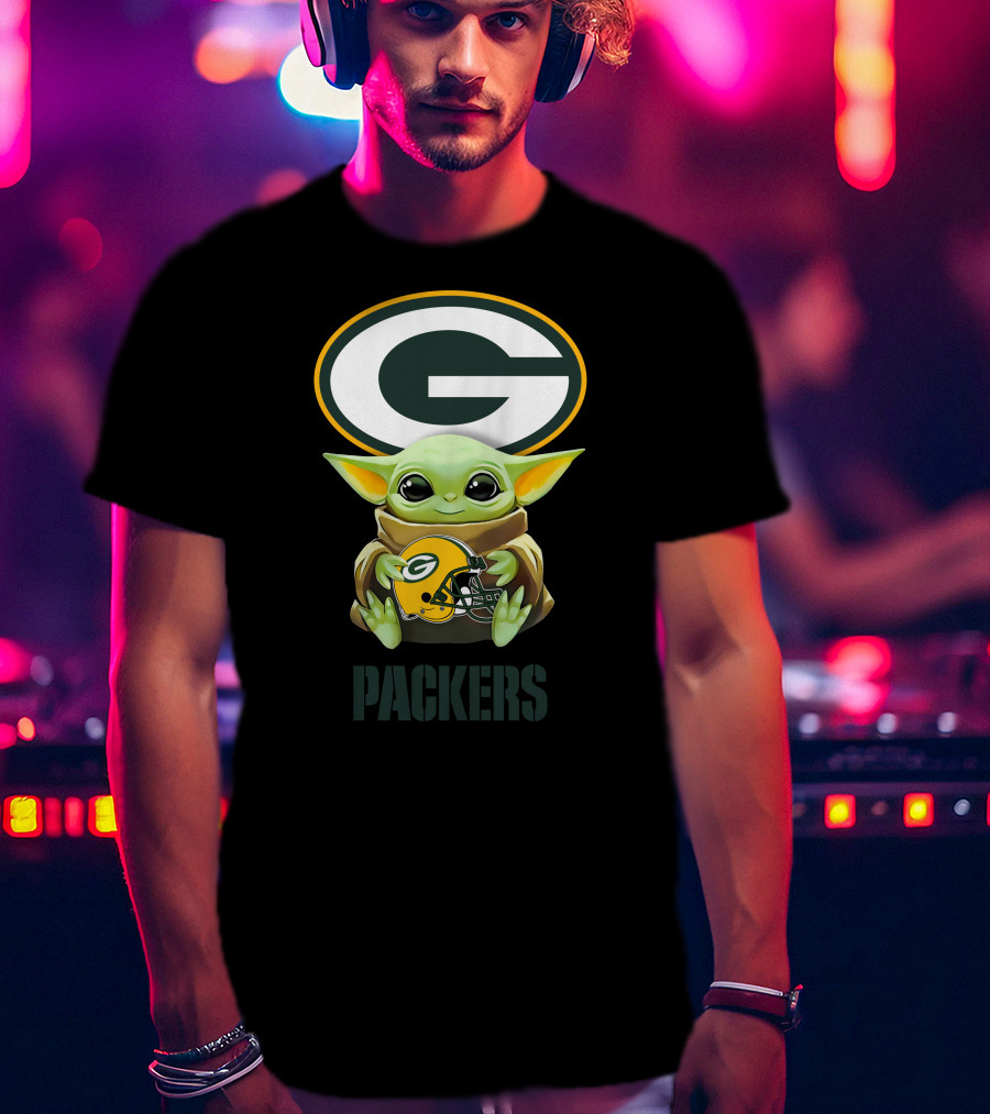 Grogu Holding Green Bay Packers Helmet With Packers T-Shirt