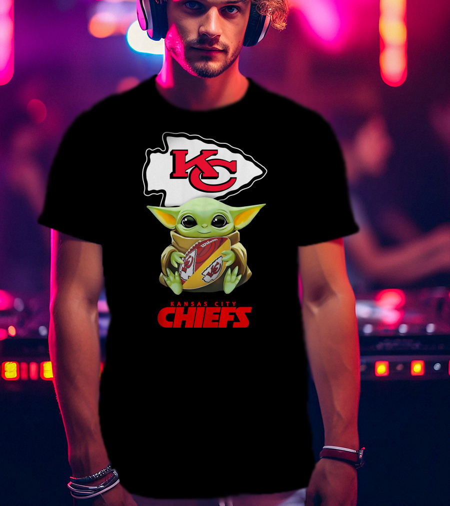 Grogu Holding Football Kansas City Chiefs KC T-Shirt