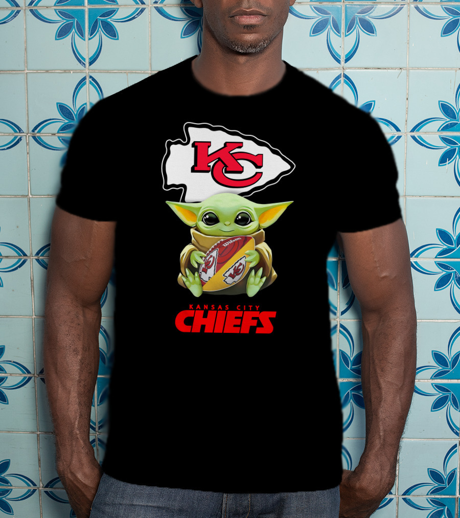 Grogu Holding Football Kansas City Chiefs KC T-Shirt