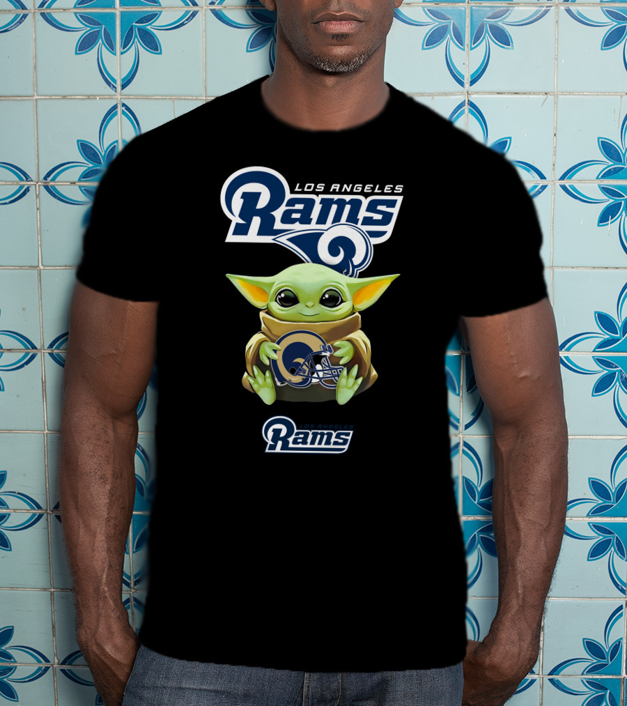 Los Angeles Rams Grogu Holding Rams Helmet NFL Football Fan T-Shirt