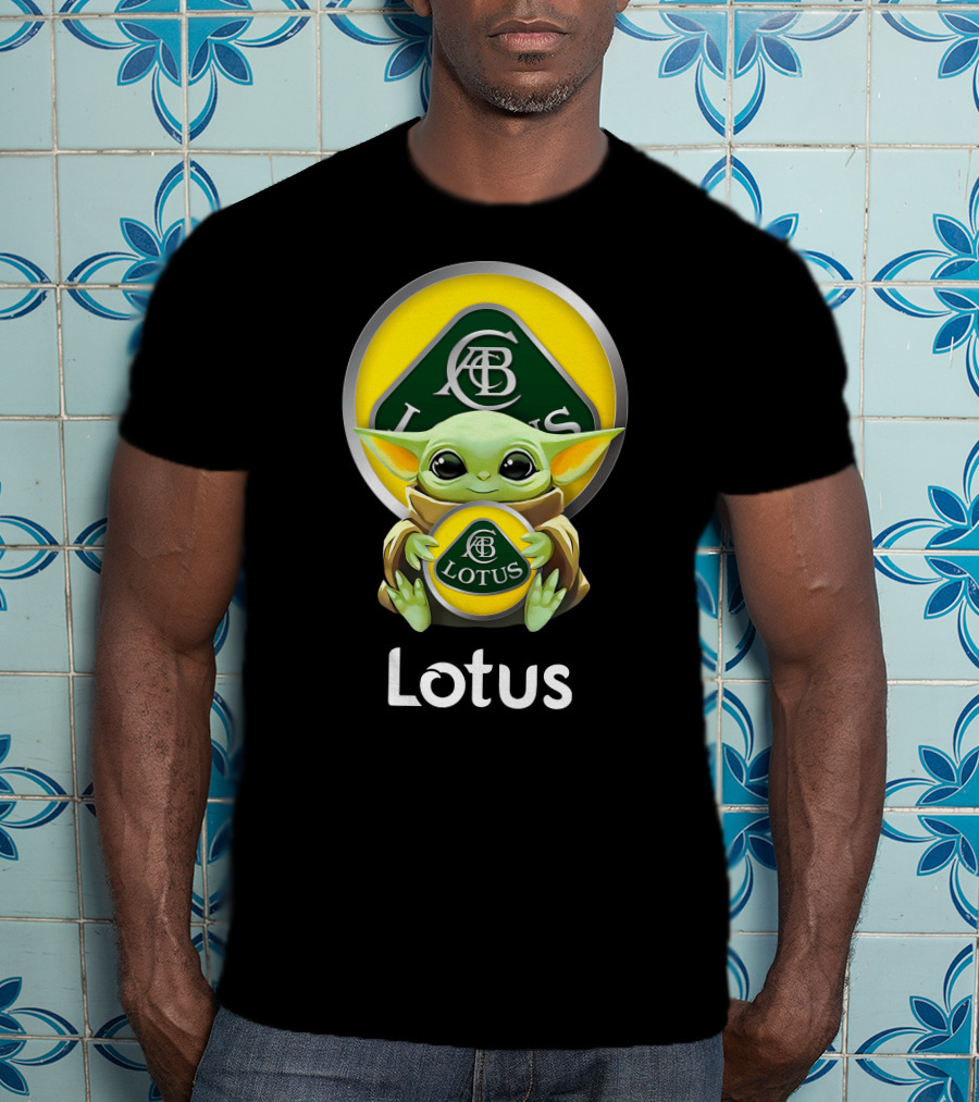 Grogu Holding Classic Lotus Emblem In Green And Yellow T-Shirt