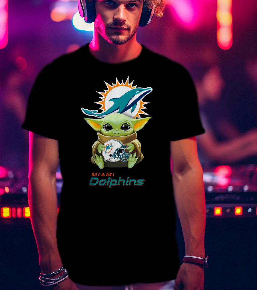 Miami Dolphins Grogu Holding Helmet Baby Yoda T-Shirt