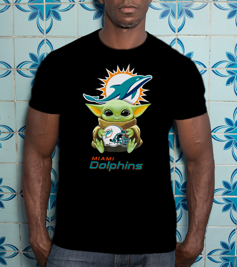 Miami Dolphins Grogu Holding Helmet Baby Yoda T-Shirt