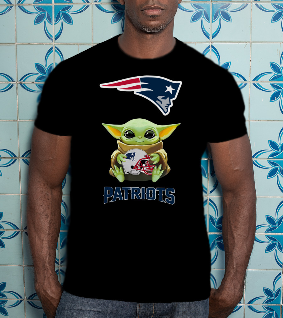 Grogu Holding New England Patriots Helmet With Logo And Patriots Text T-Shirt