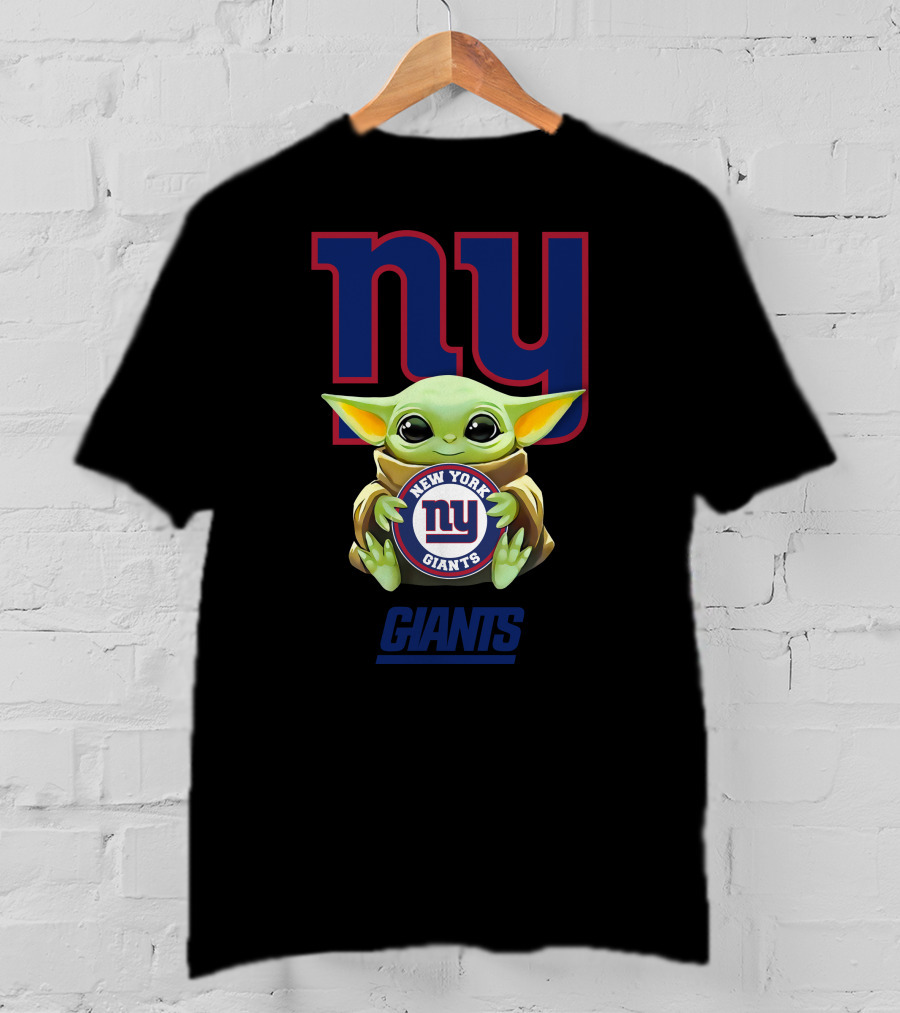 Grogu Embracing New York Giants Logo With NY Giants Text T-Shirt