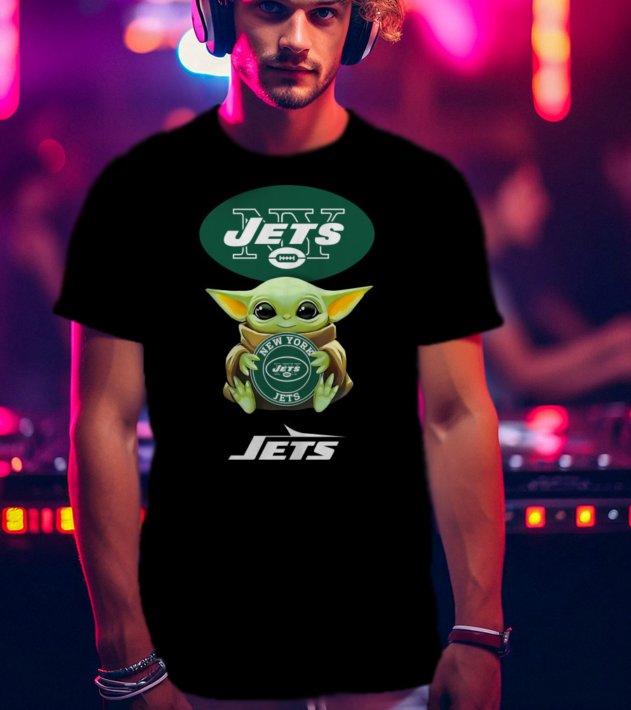 Grogu Holding New York Jets Emblem And Logo Combination T-Shirt
