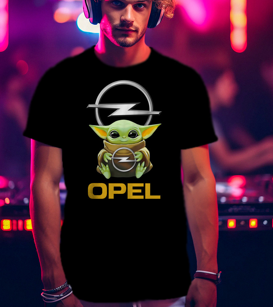 Grogu Holding Opel Logo With Iconic T-Shirt