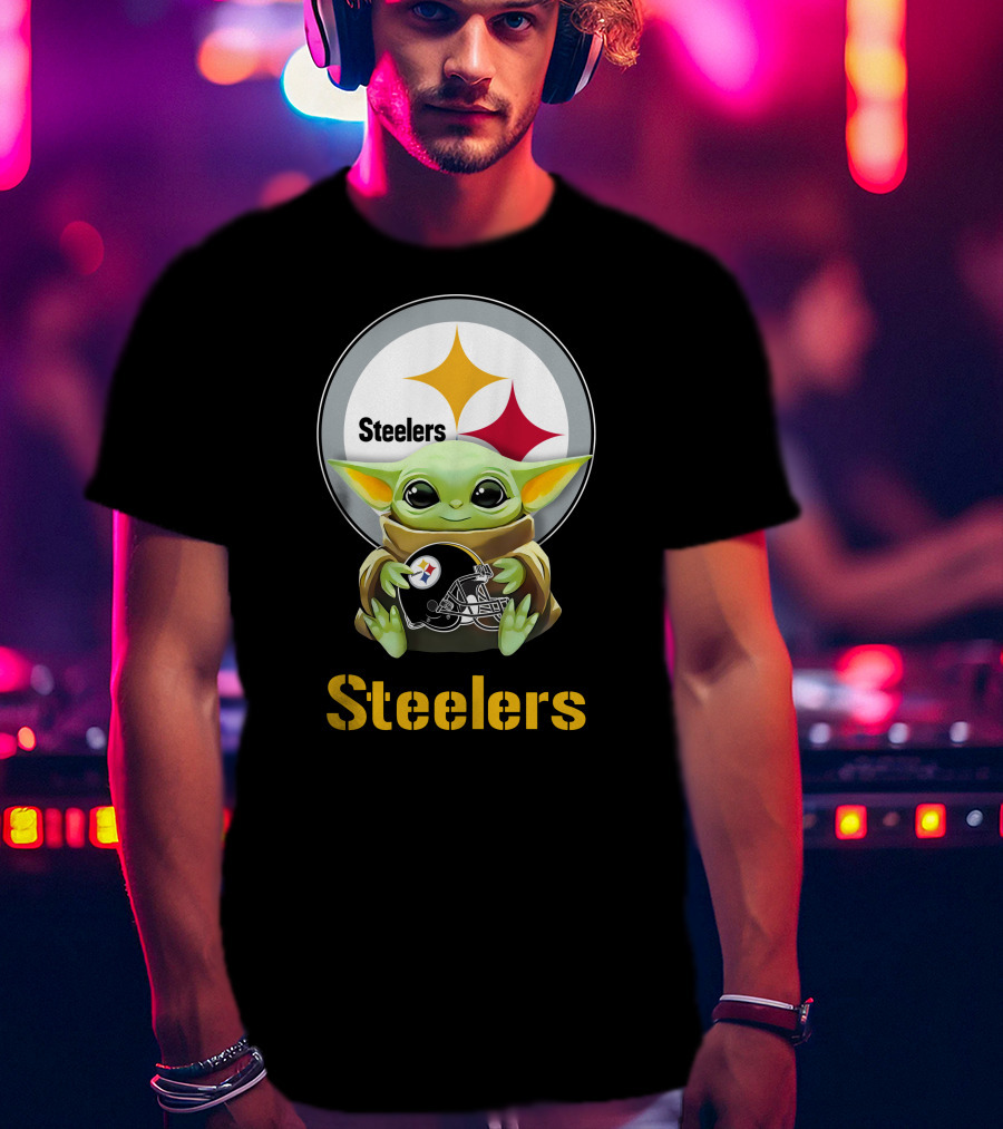 Grogu Holding Pittsburgh Steelers Helmet With Team T-Shirt