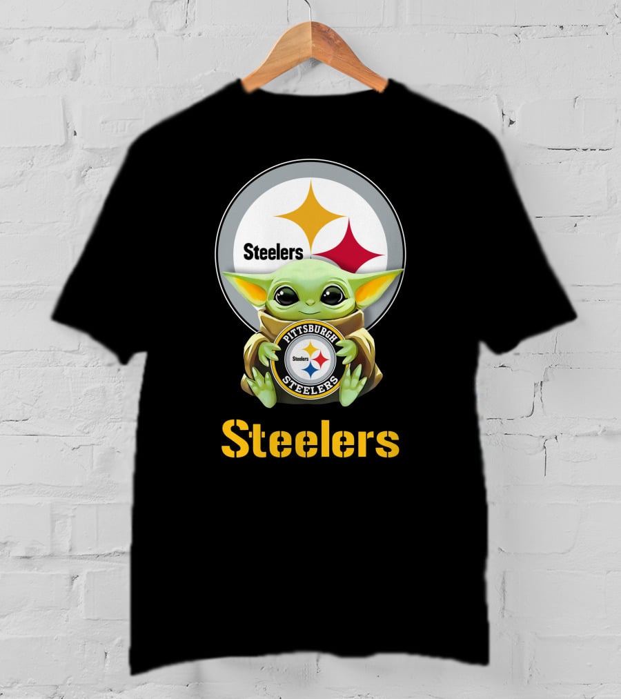 Grogu Holding Pittsburgh Steelers Emblem With Steelers Text T-Shirt