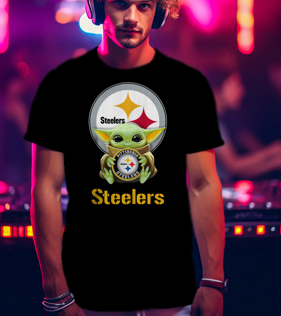 Grogu Holding Pittsburgh Steelers Emblem With Steelers Text T-Shirt