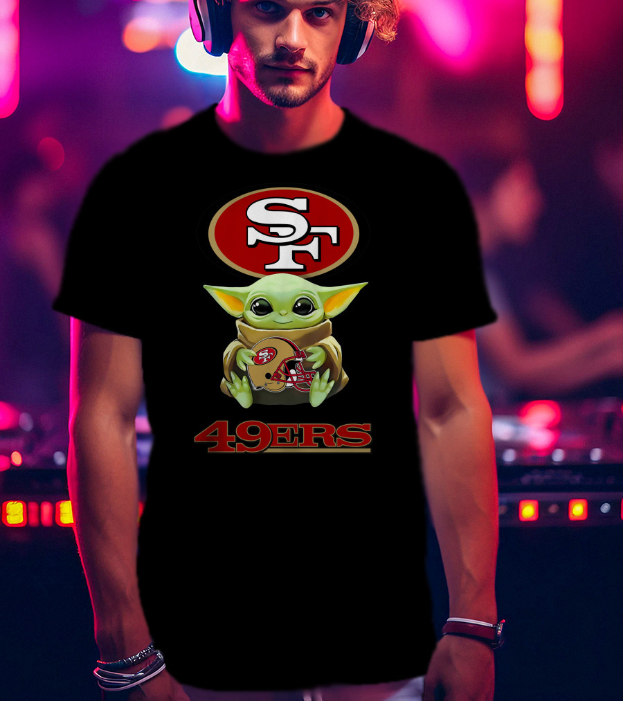 Grogu Holding San Francisco 49ers SF Logo Helmet 49ers T-Shirt