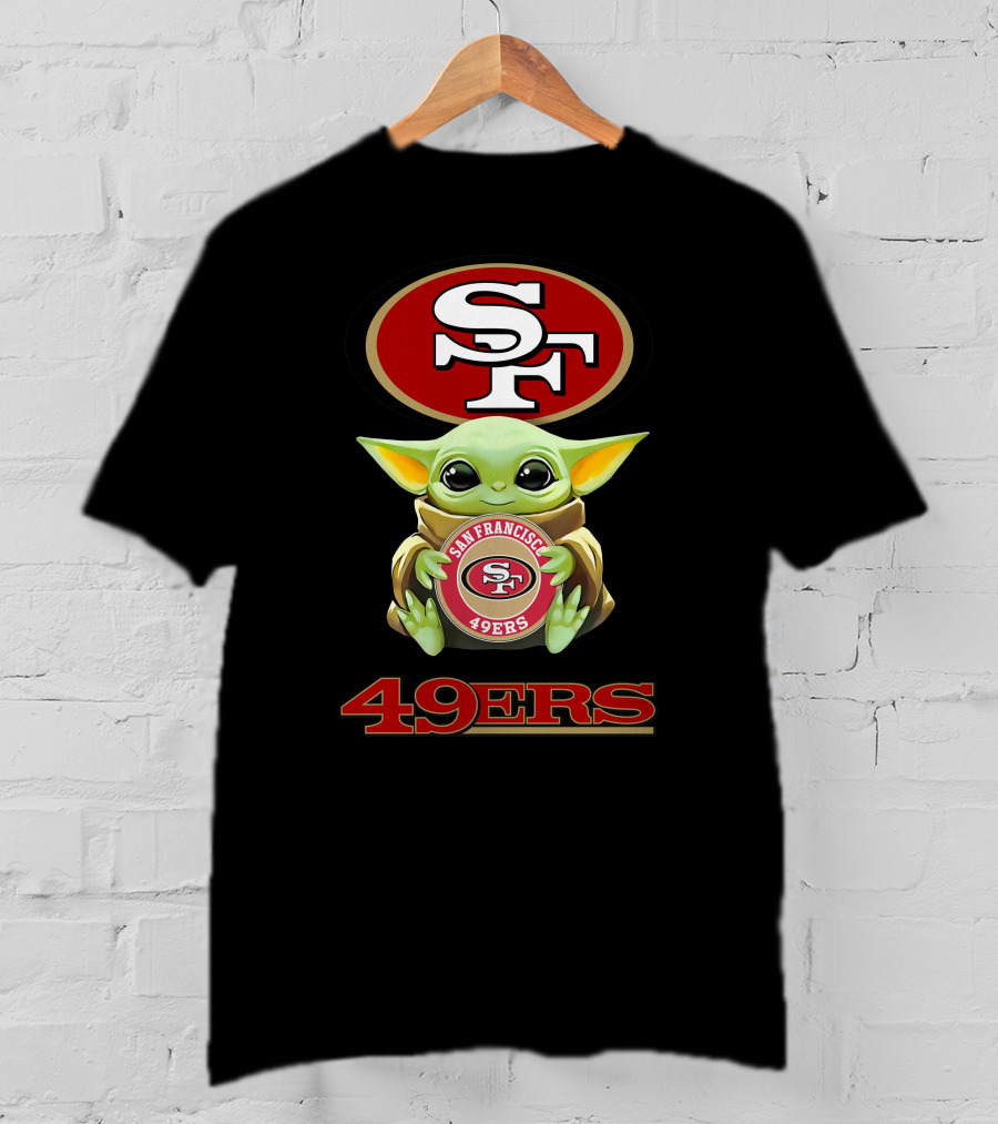 Grogu Holding San Francisco 49ers SF Logo With 49ers Text T-Shirt
