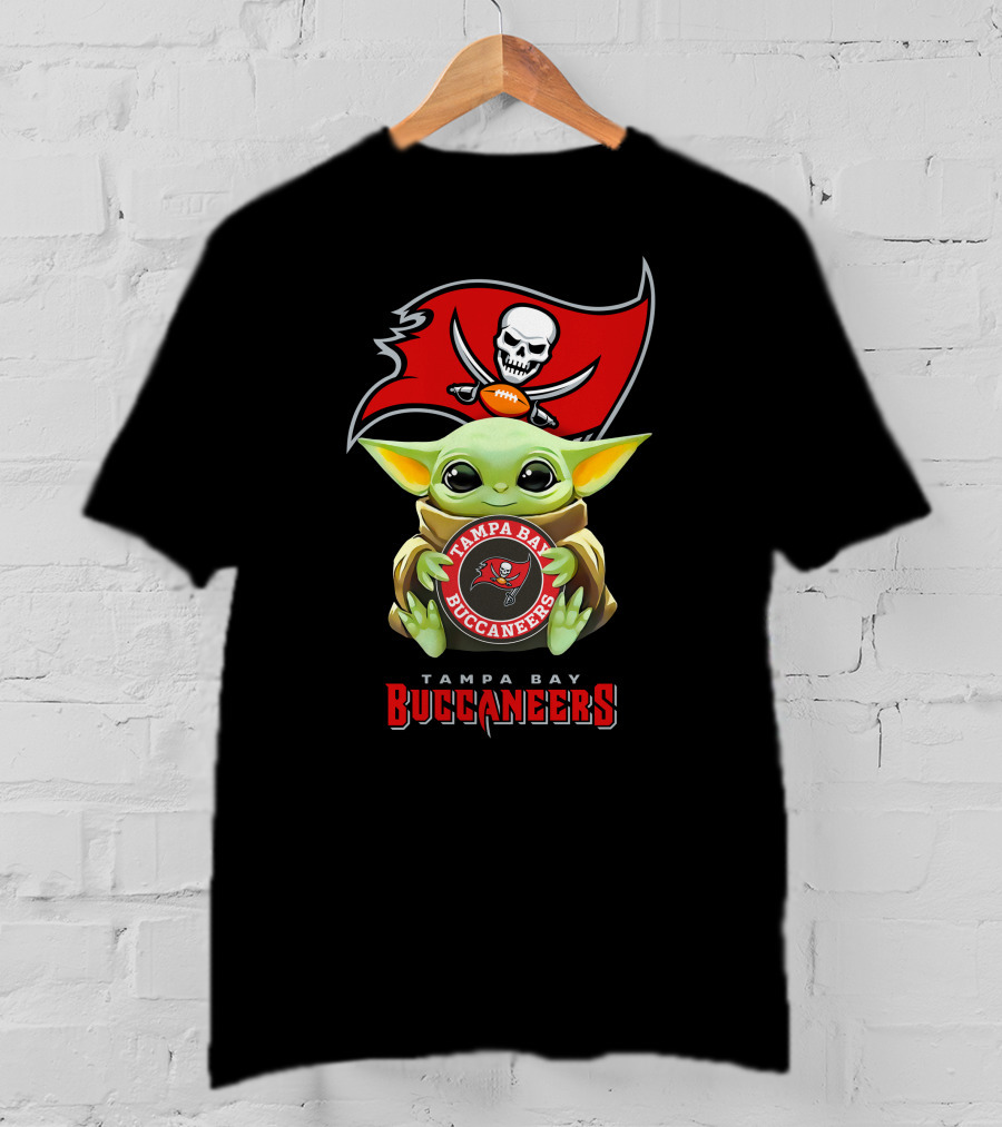 Tampa Bay Buccaneers Grogu Holding Team Logo With Pirate Flag T-Shirt