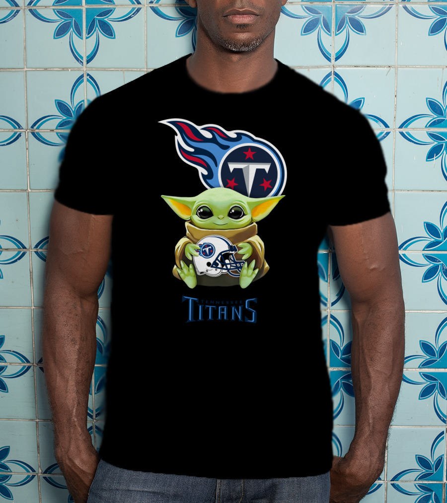 Grogu Holding Tennessee Titans Helmet With Team T-Shirt