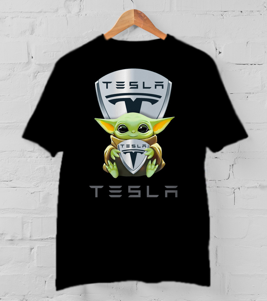 Grogu Holding Tesla Logo Shield Emblem T-Shirt