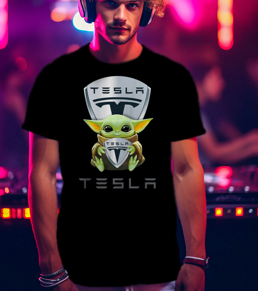 Grogu Holding Tesla Logo Shield Emblem T-Shirt
