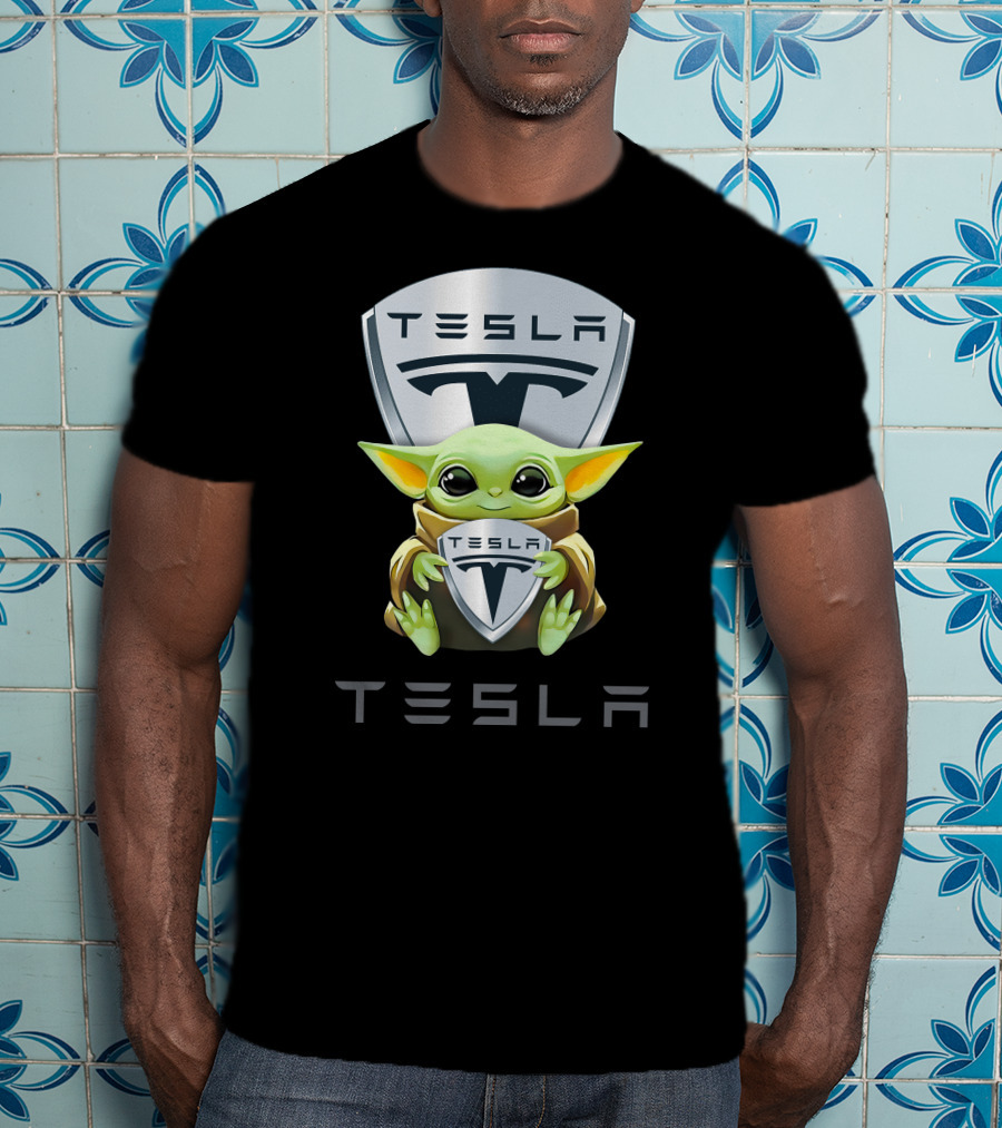Grogu Holding Tesla Logo Shield Emblem T-Shirt