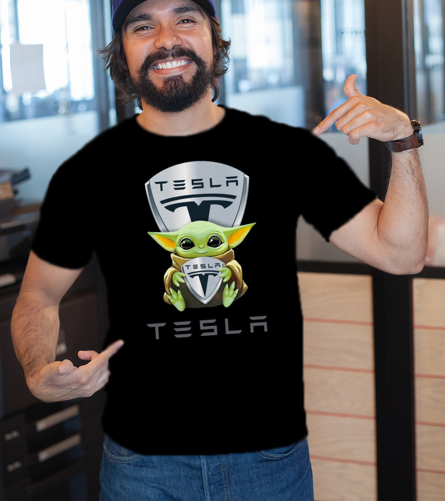 Grogu Holding Tesla Logo Shield Emblem T-Shirt