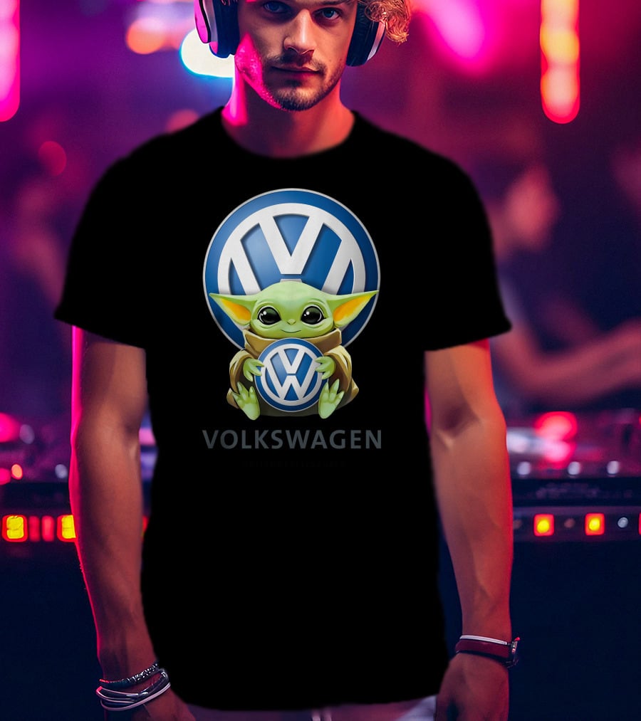 Grogu Holding Volkswagen Logo With Volkswagen Aktiengesellschaft Text T-Shirt