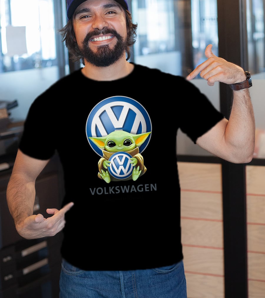 Grogu Holding Volkswagen Logo With Volkswagen Aktiengesellschaft Text T-Shirt