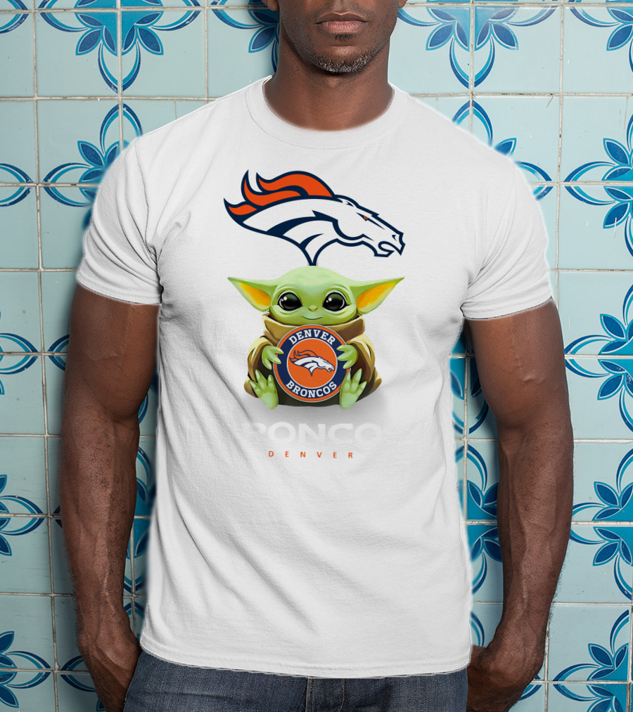 Grogu Hugging Denver Broncos Sign With Broncos Logo Above T-Shirt