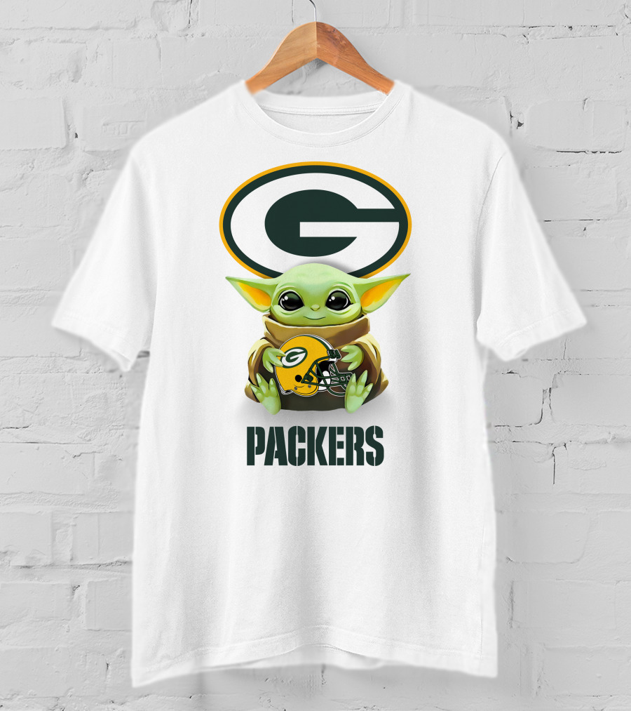 Grogu Holding Green Bay Packers Helmet With Logo And Text Packers T-Shirt
