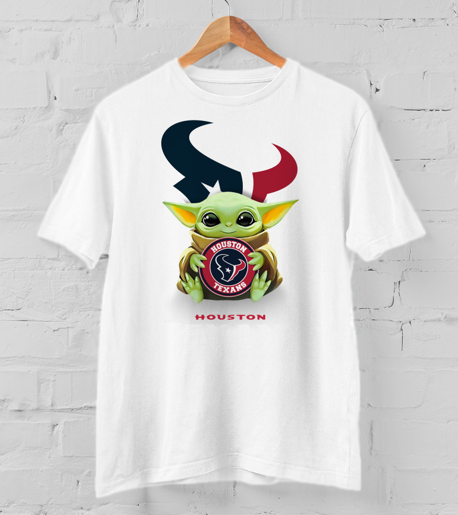 Grogu Holding Houston Texans Emblem With Oversized Logo Background T-Shirt