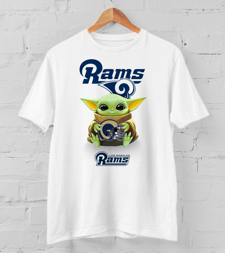 Grogu Holding Los Angeles Rams Helmet With Rams T-Shirt
