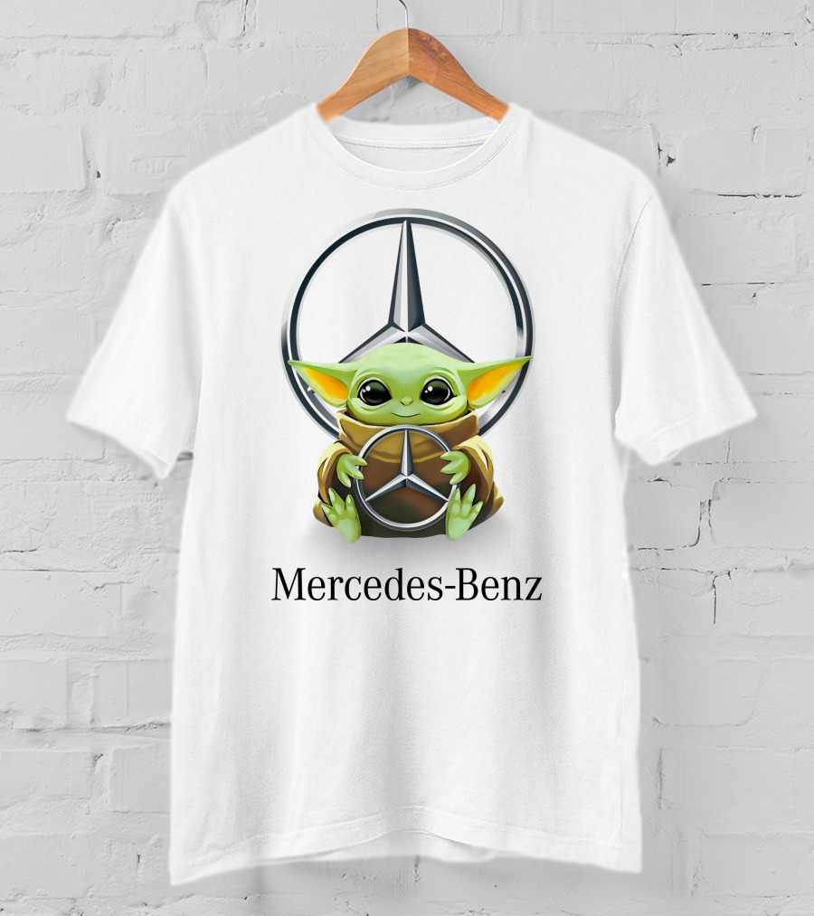 Grogu Holding Mercedes-Benz Logo In Front Of T-Shirt