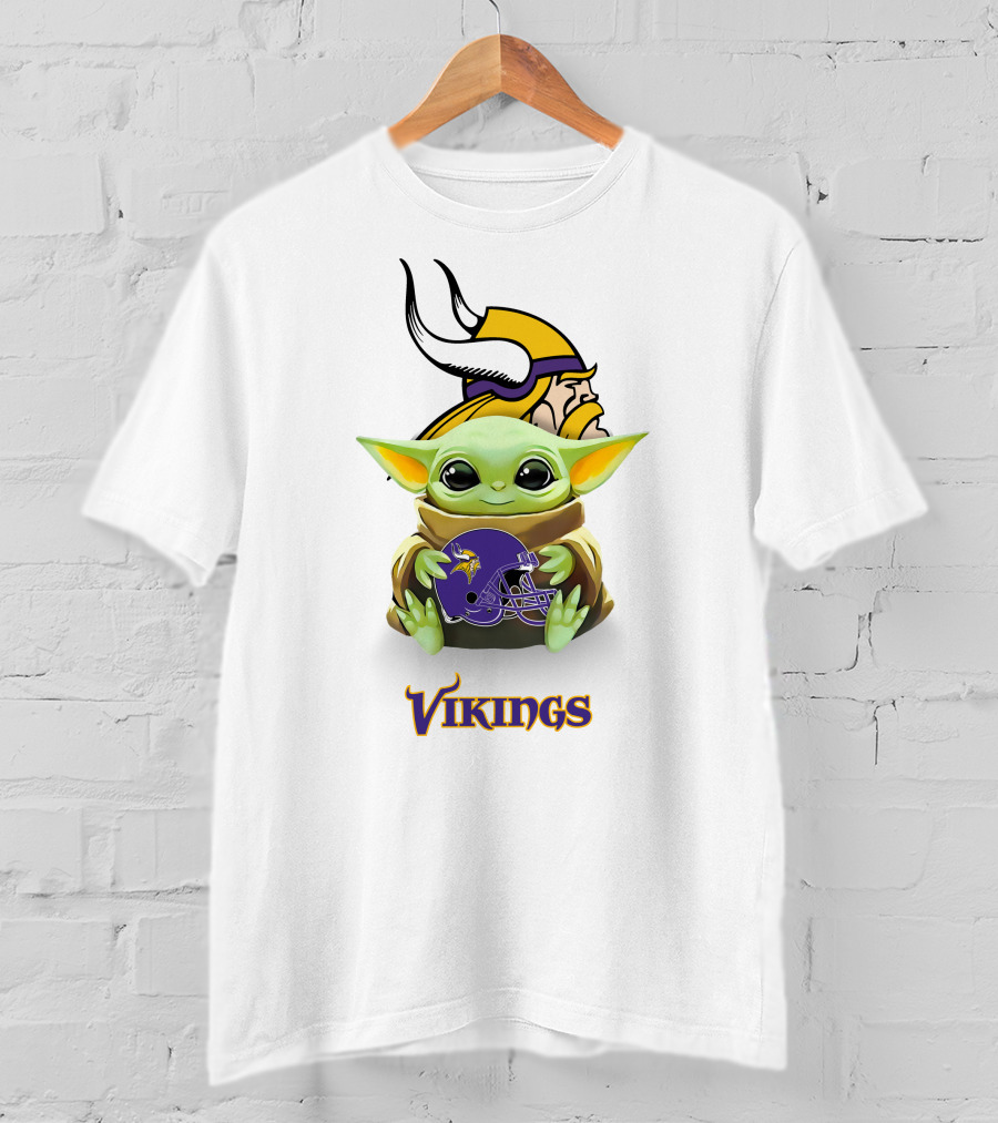 Grogu Holding Minnesota Vikings Helmet Iconic Logo Vikings T-Shirt