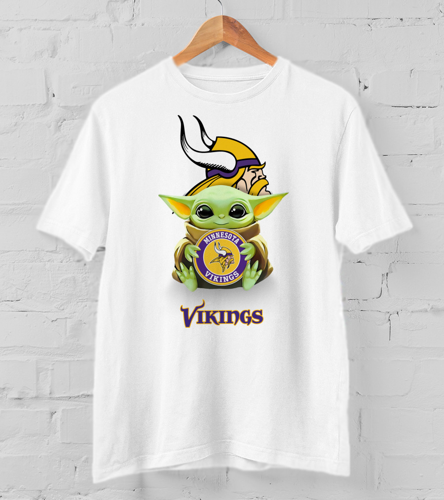 Grogu Holding Minnesota Vikings Symbol With Viking Helmet Background T-Shirt