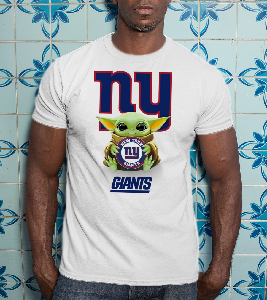 Grogu Holding New York Giants Logo With Giants Text In White T-Shirt