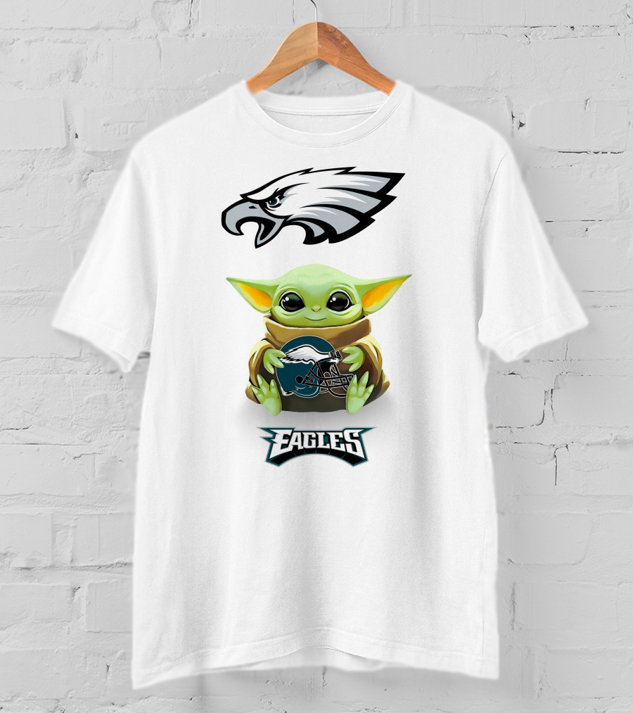 Grogu Hugging Philadelphia Eagles Helmet With Eagles T-Shirt