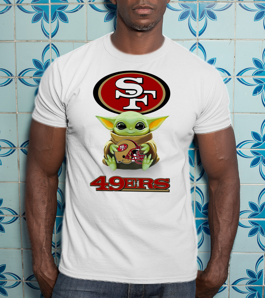 Grogu Hugging San Francisco 49ers SF Helmet Logo 49ers White T-Shirt